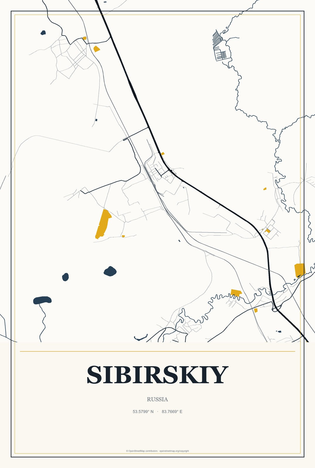 Sibirskiy, Russia City Map Aluminum Sign in Citrine Modern style