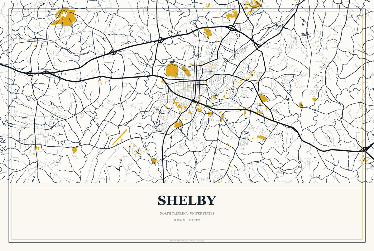 Shelby, North Carolina City Map Aluminum Sign in Citrine Modern style