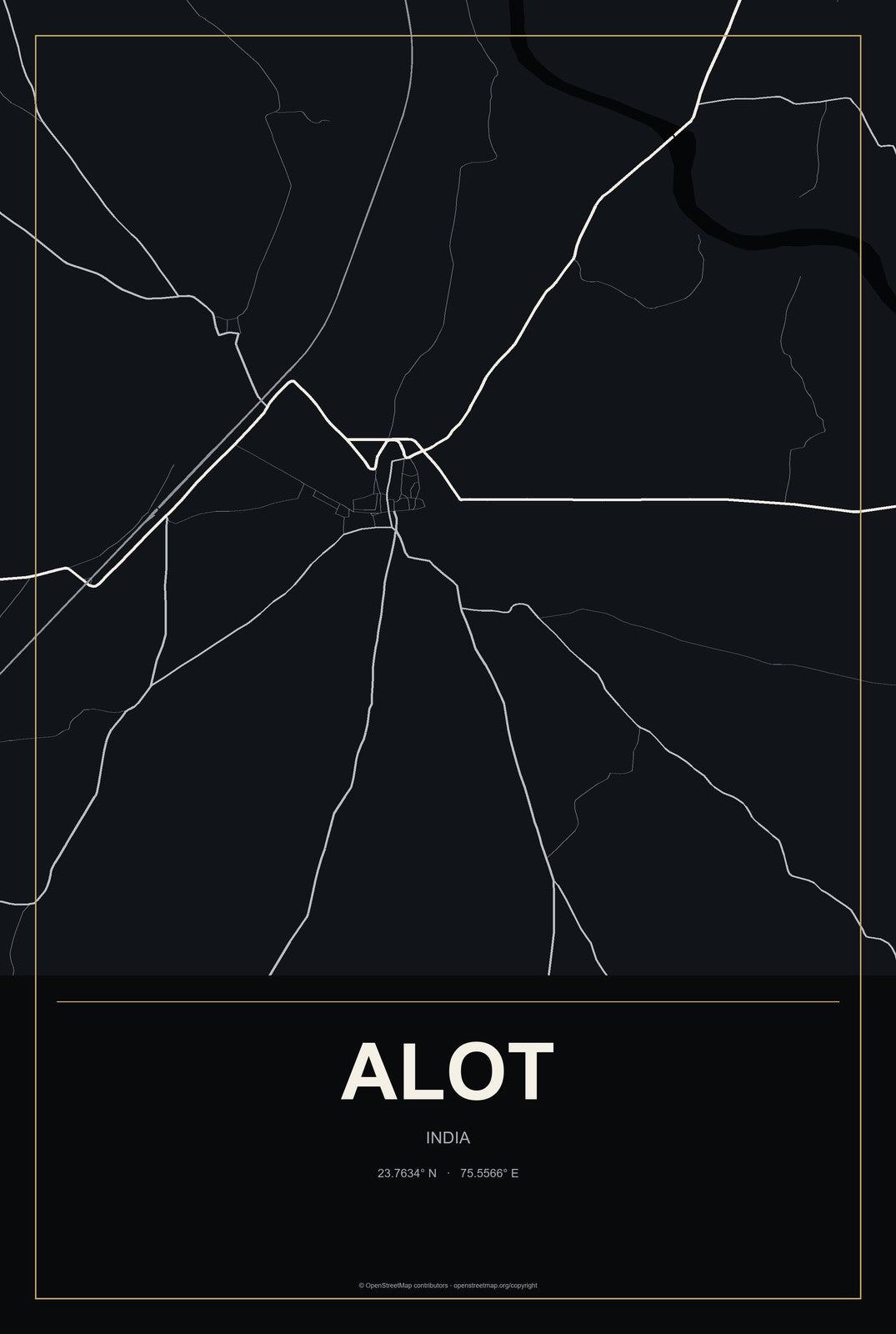 Alot, India City Map Aluminum Sign in Metropolitan Noir style