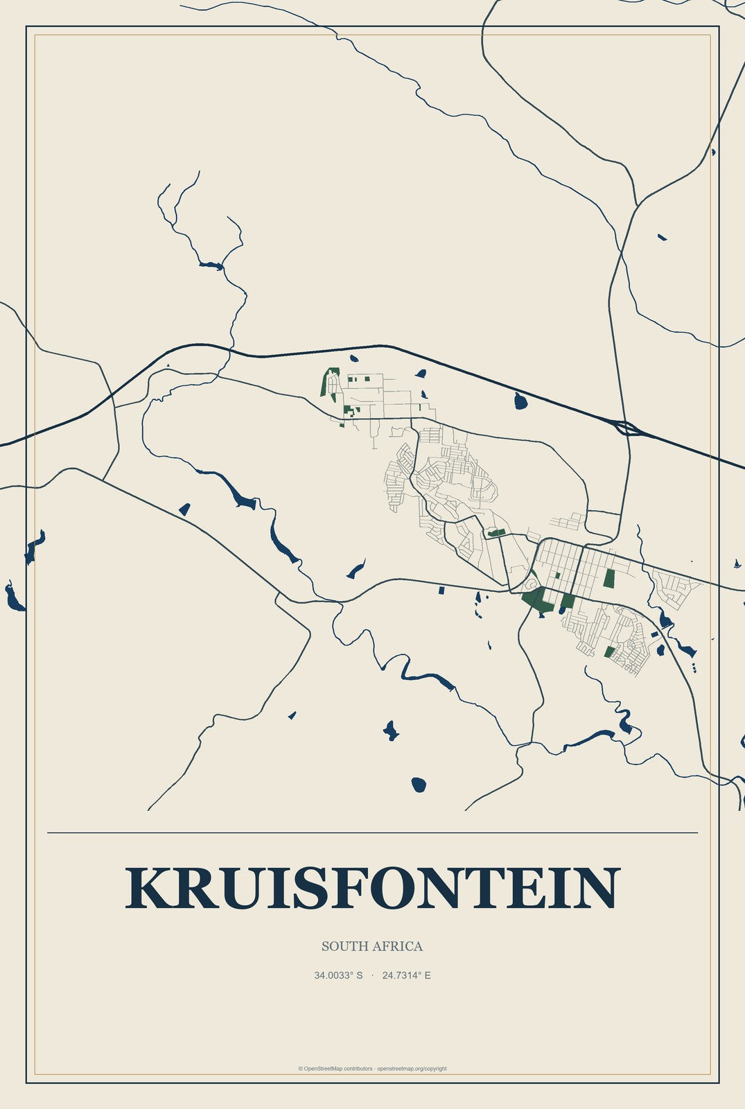Kruisfontein, South Africa City Map Aluminum Sign in Coastal Cutout style