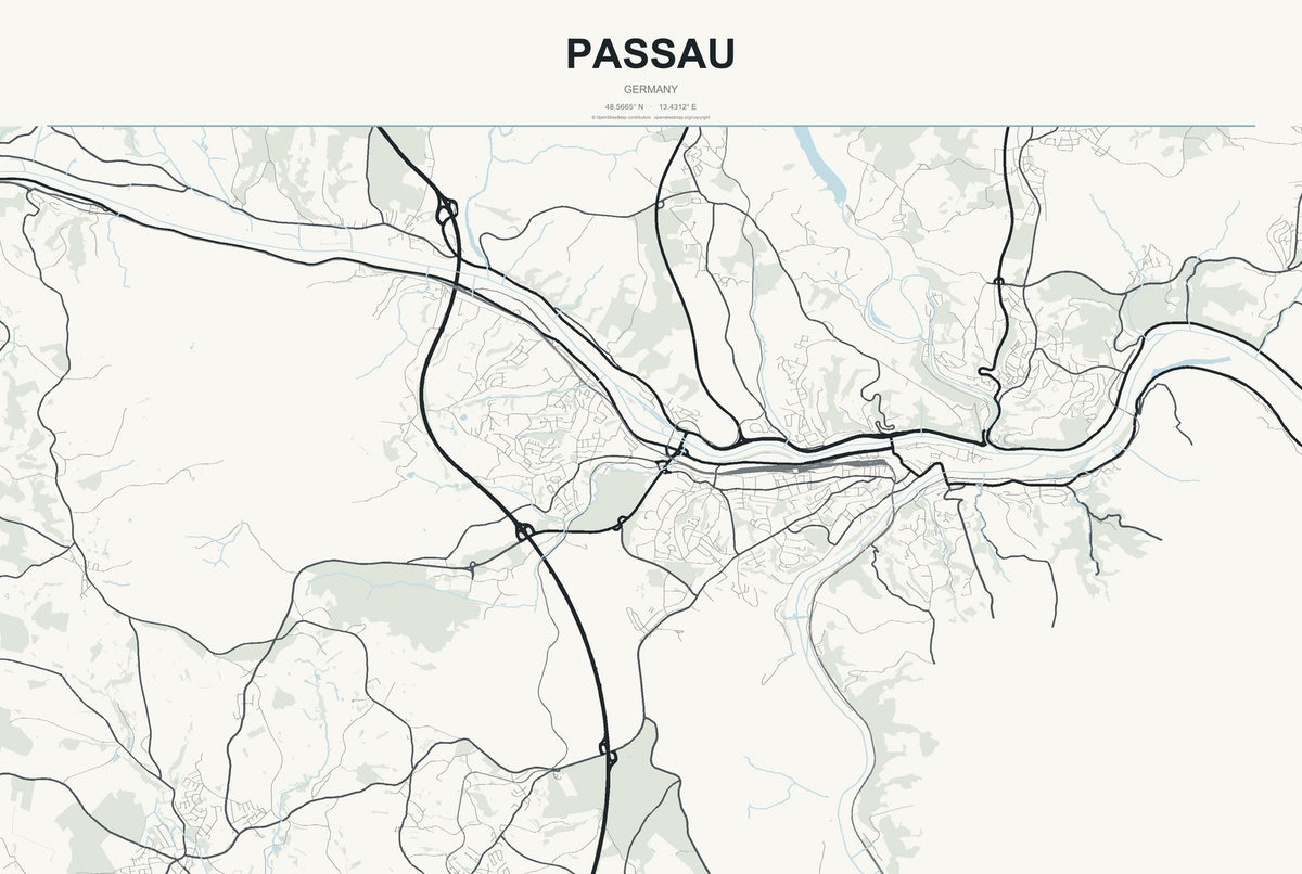 Passau, Germany City Map Aluminum Sign in Headline Atlas style