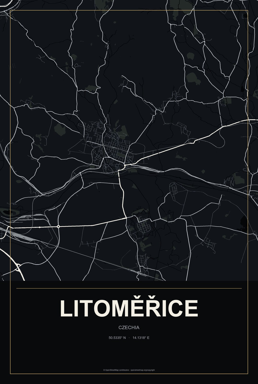Litoměřice, Czechia City Map Aluminum Sign in Metropolitan Noir style