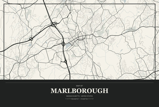 Marlborough, Massachusetts City Map Aluminum Sign in Museum Plaque style