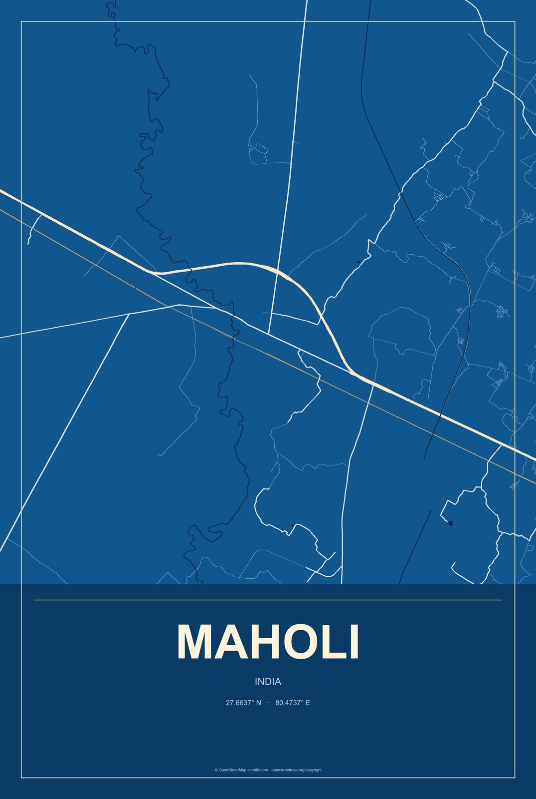 Maholi, India City Map Aluminum Sign in Harbor Cobalt style