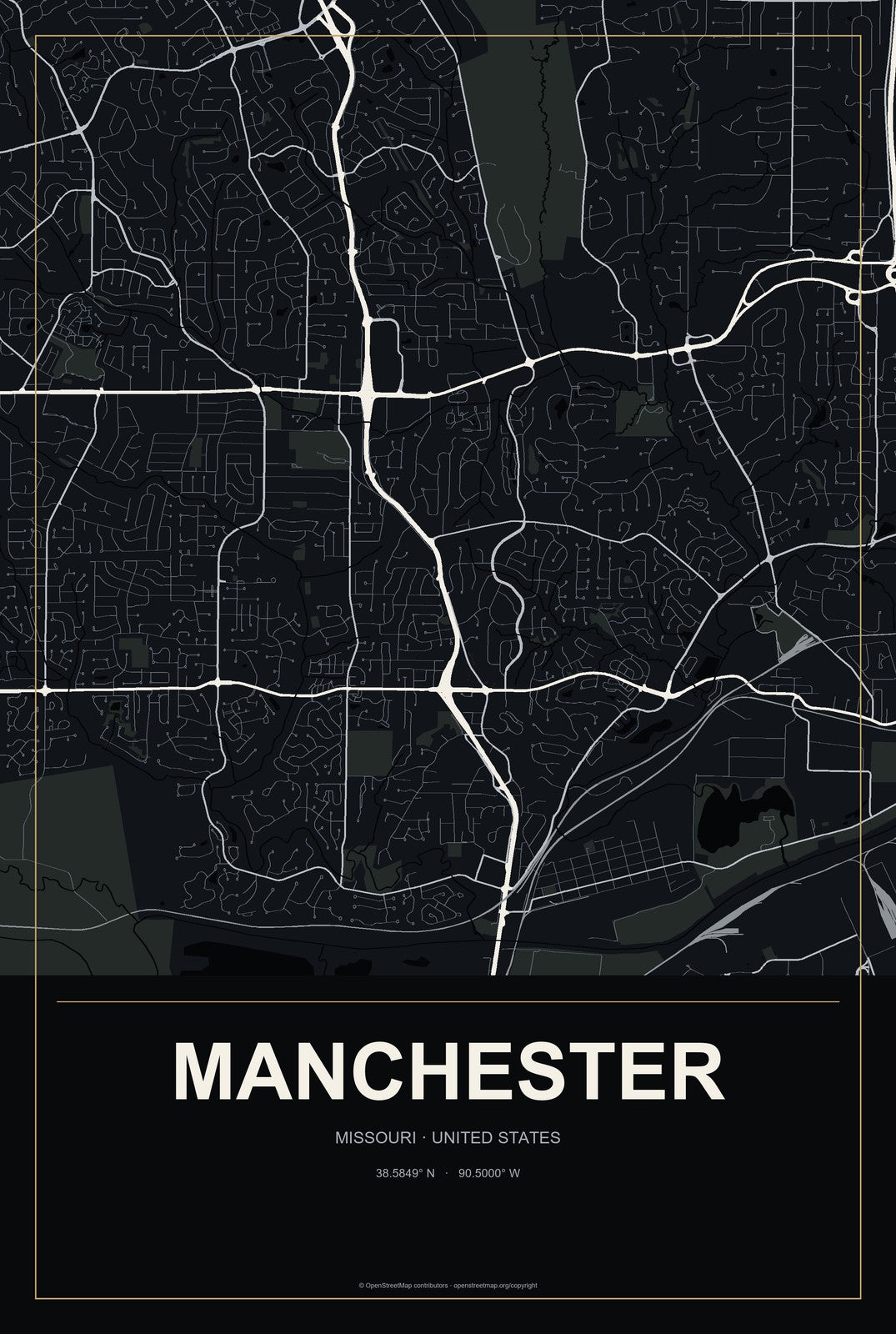 Manchester, Missouri City Map Aluminum Sign in Metropolitan Noir style