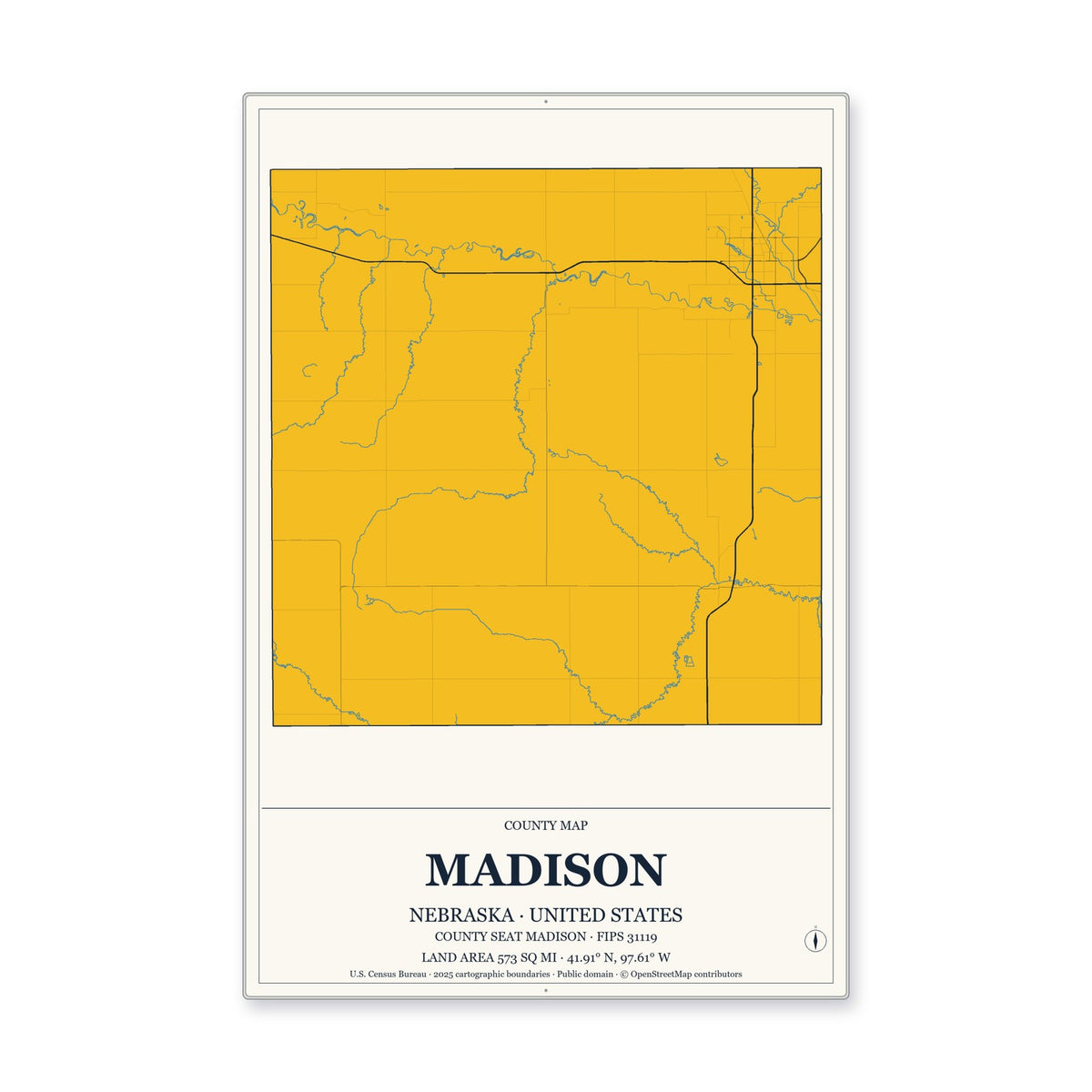 Madison County, Nebraska Map Aluminum Sign in Citrine Modern style