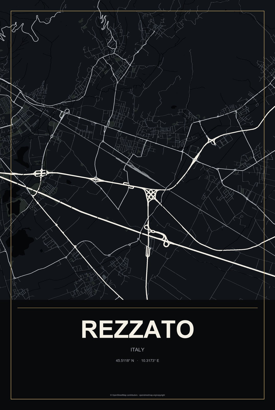 Rezzato, Italy City Map Aluminum Sign in Metropolitan Noir style