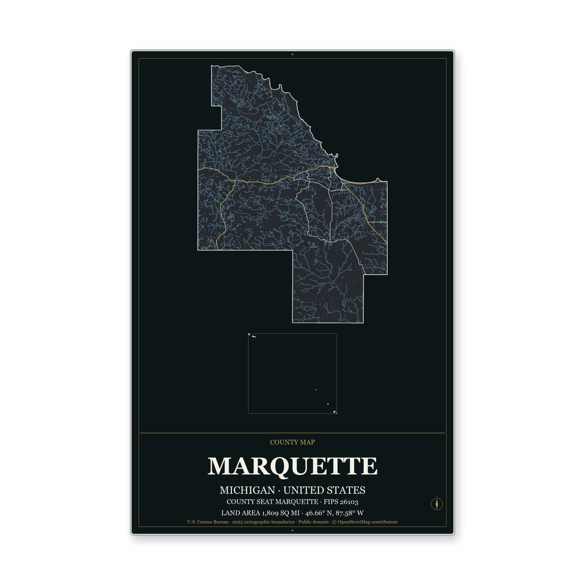 Marquette County, Michigan Map Aluminum Sign in Metropolitan Noir style