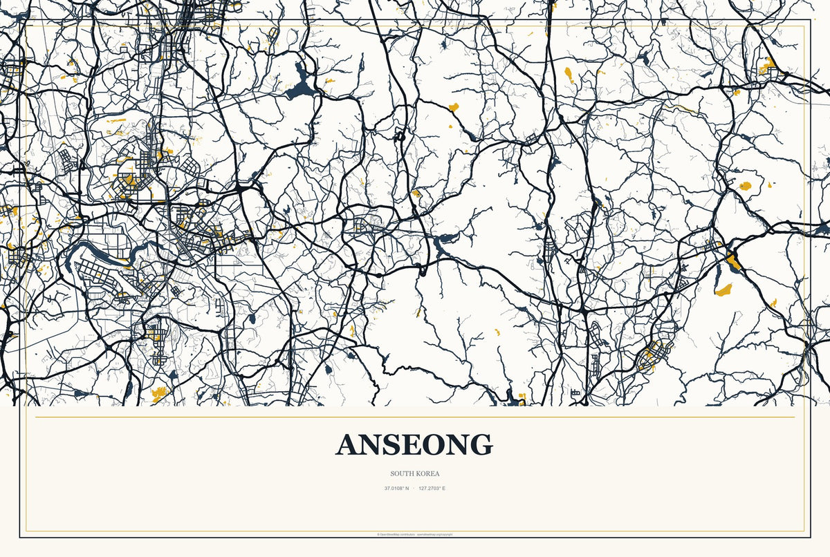 Anseong, South Korea City Map Aluminum Sign in Citrine Modern style