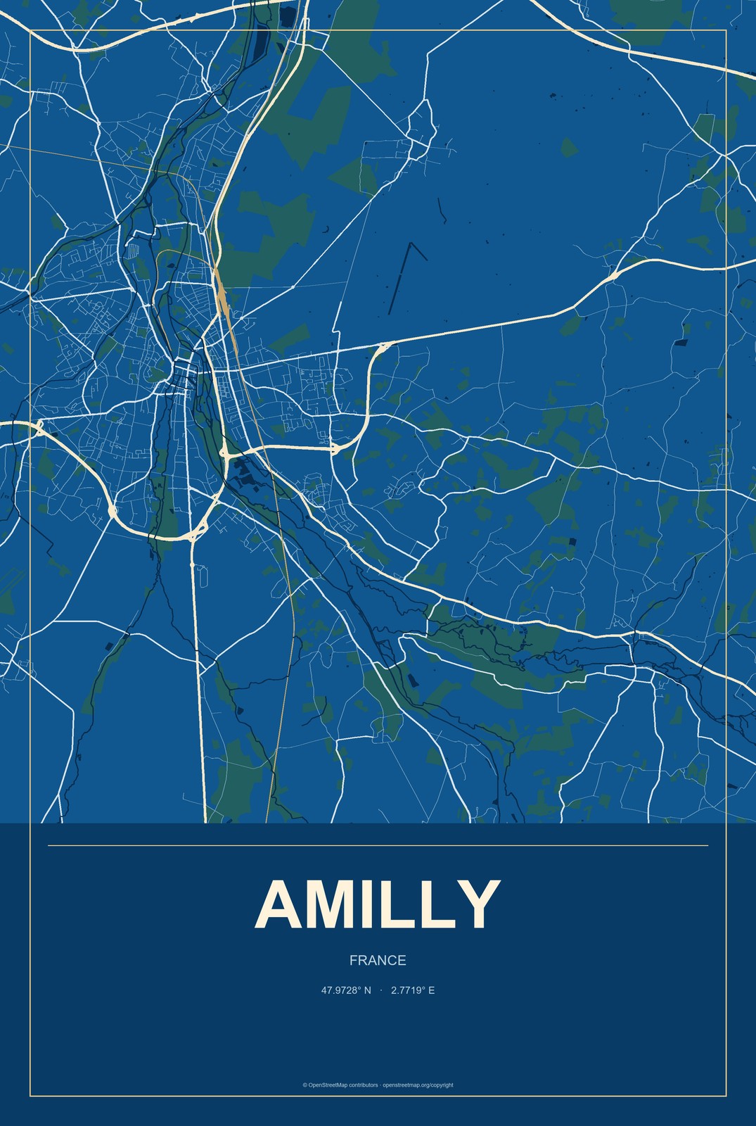 Amilly, France City Map Aluminum Sign in Harbor Cobalt style