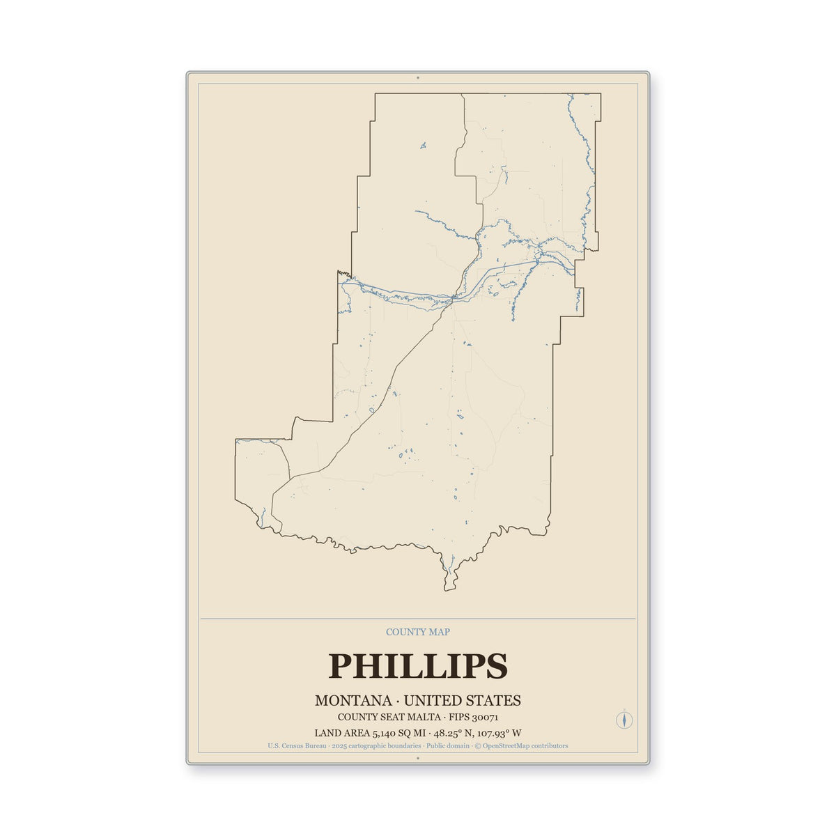 Phillips County, Montana Map Aluminum Sign in Heritage Nautical style
