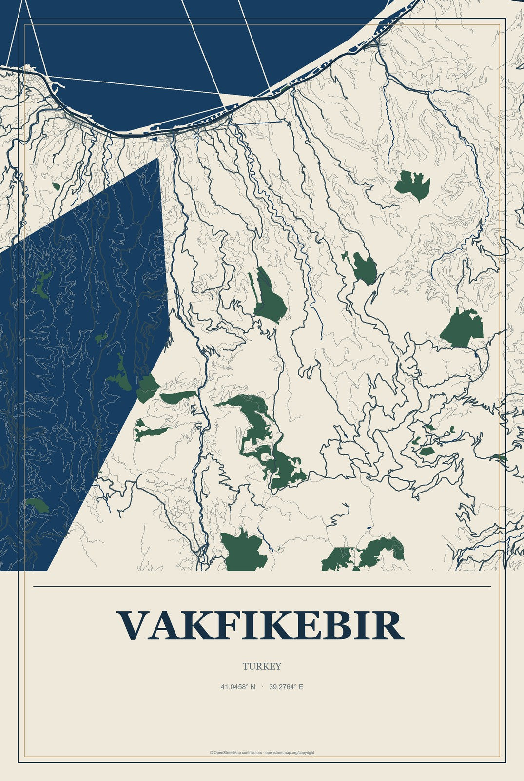 Vakfıkebir, Turkey City Map Aluminum Sign in Coastal Cutout style