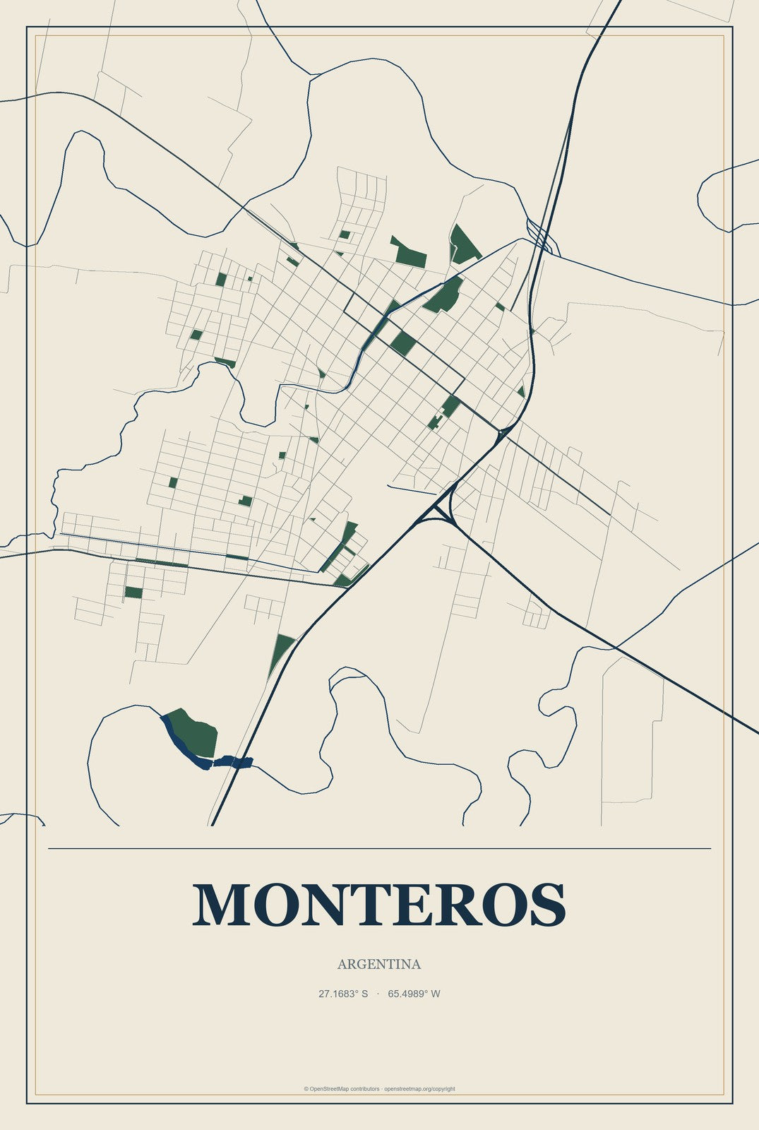 Monteros, Argentina City Map Aluminum Sign in Coastal Cutout style