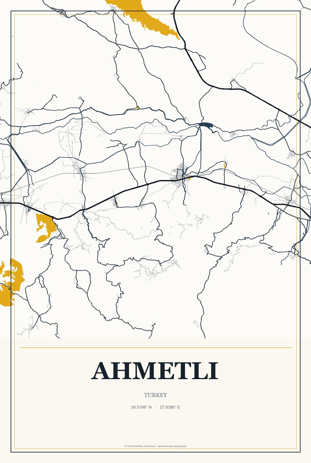 Ahmetli, Turkey City Map Aluminum Sign in Citrine Modern style
