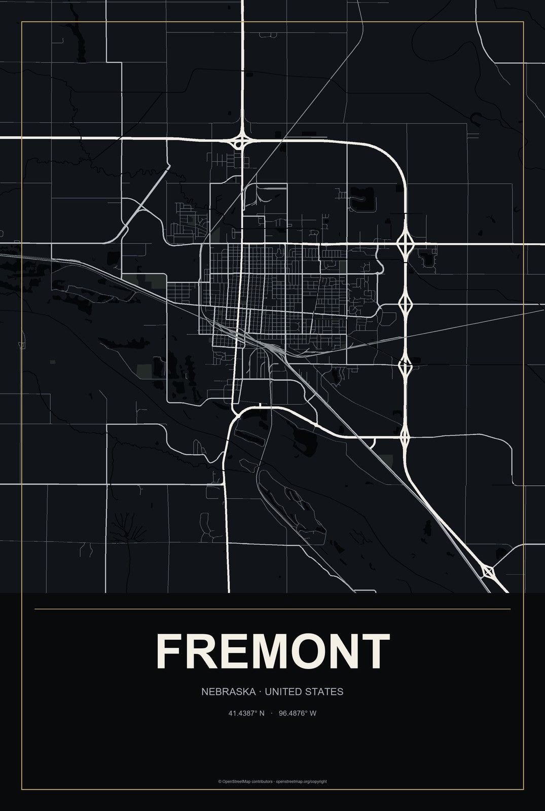Fremont, Nebraska City Map Aluminum Sign in Metropolitan Noir style