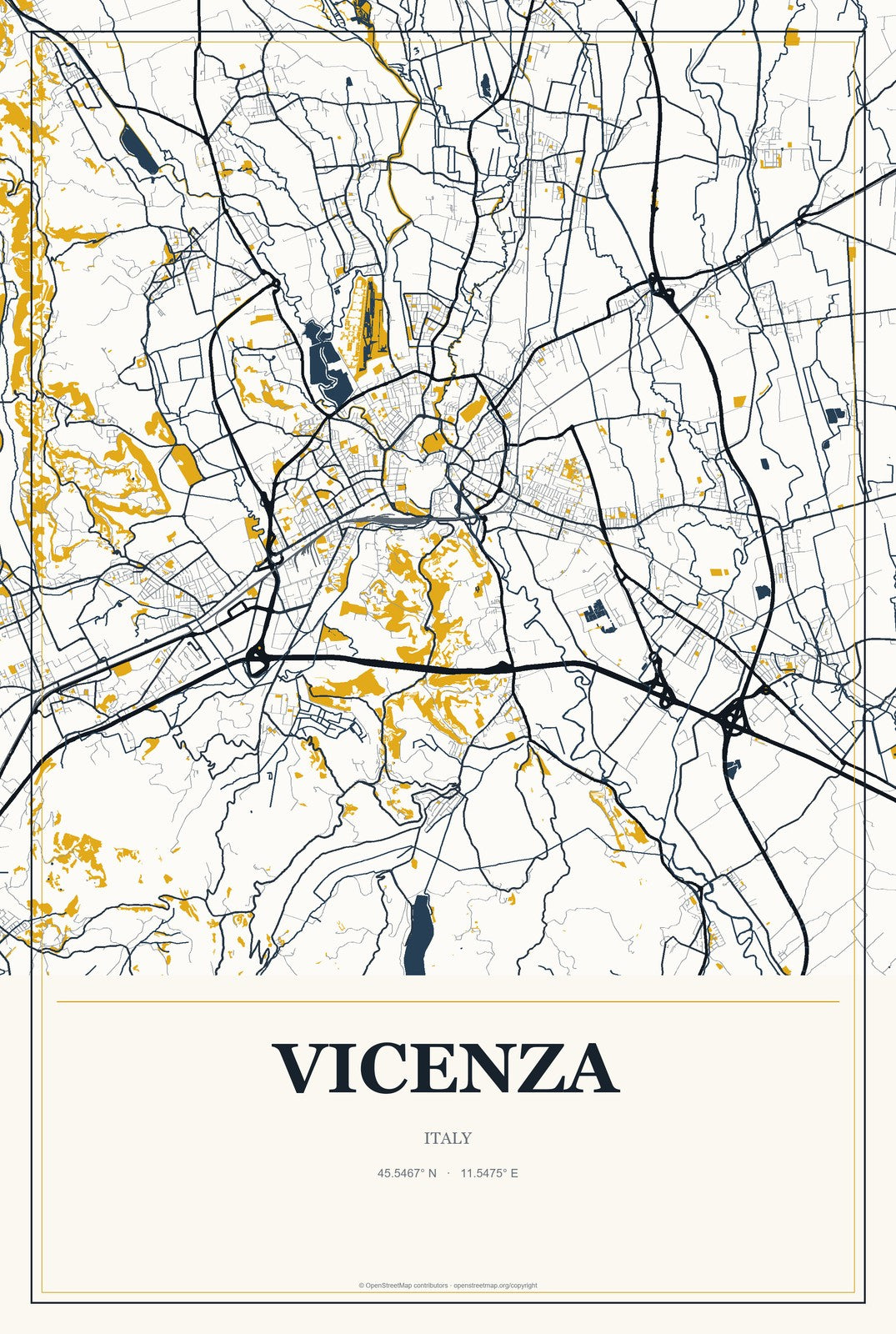 Vicenza, Italy City Map Aluminum Sign in Citrine Modern style