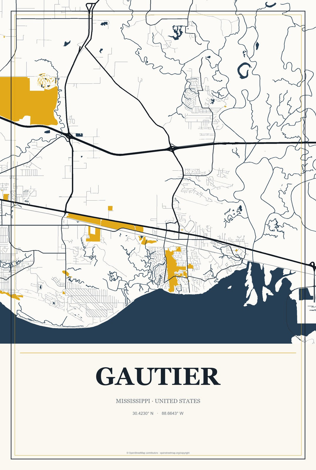 Gautier, Mississippi City Map Aluminum Sign in Citrine Modern style
