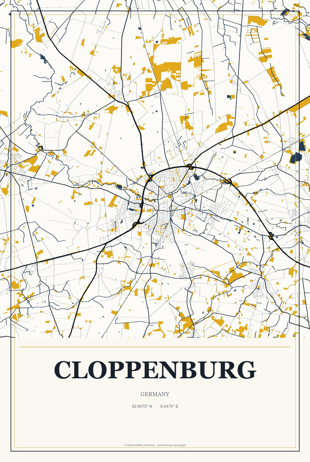 Cloppenburg, Germany City Map Aluminum Sign in Citrine Modern style