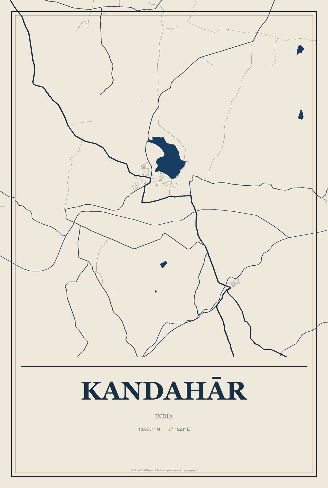 Kandahār, India City Map Aluminum Sign in Coastal Cutout style