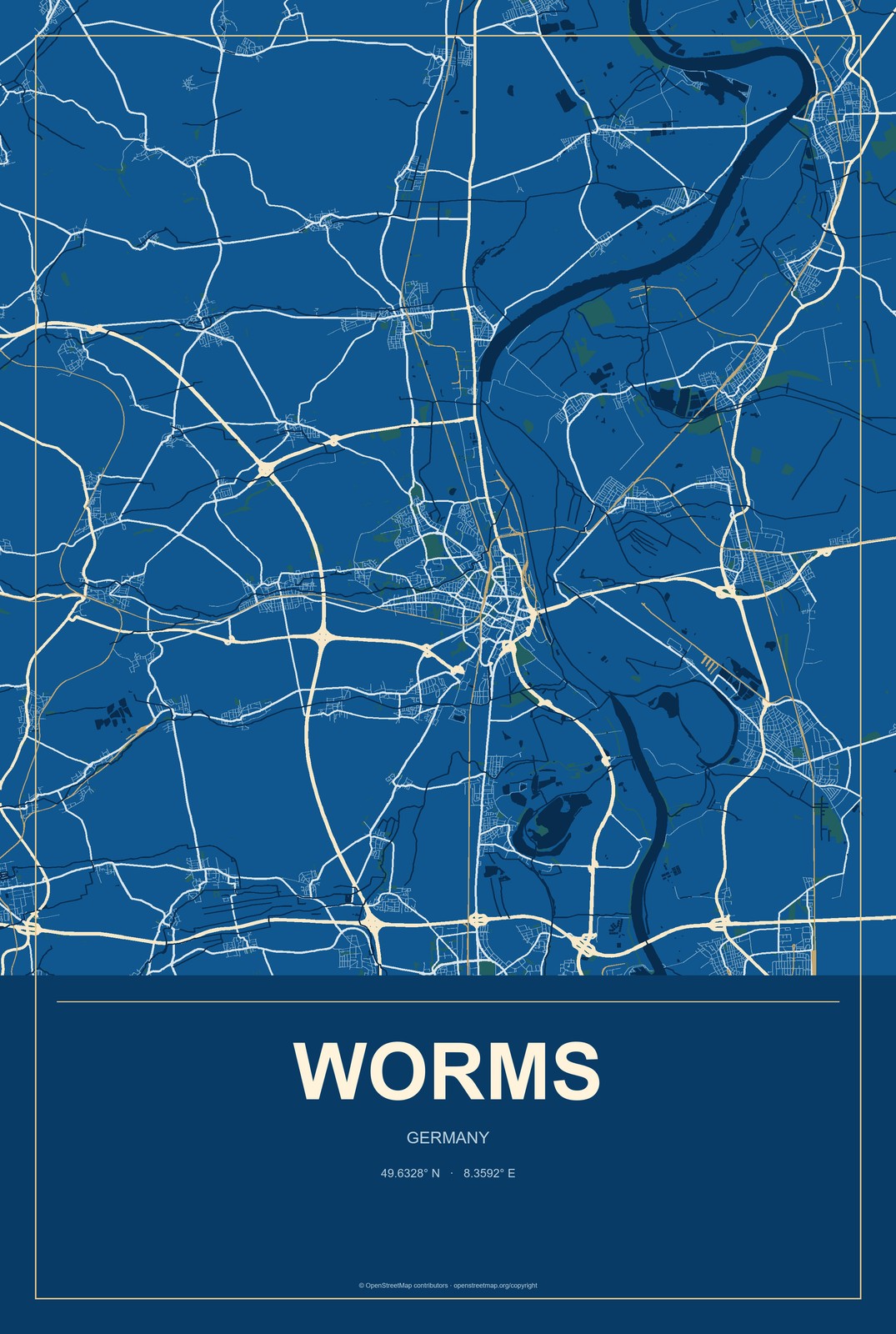 Worms, Germany City Map Aluminum Sign in Harbor Cobalt style