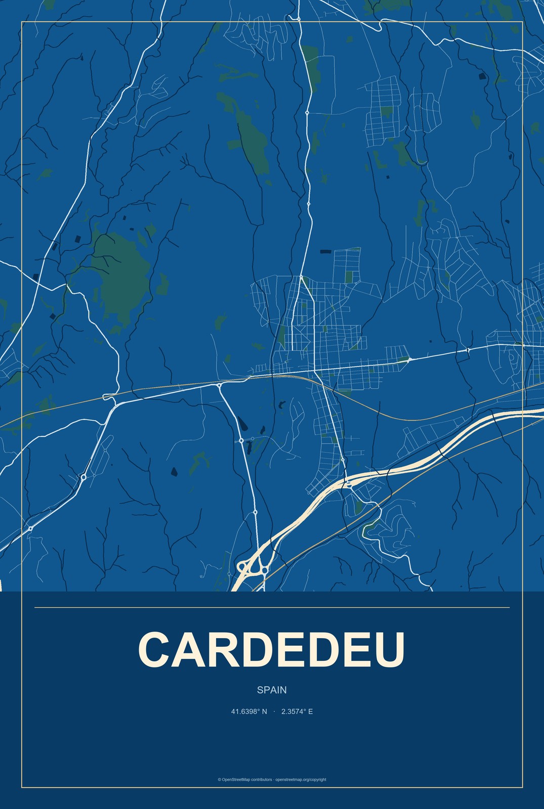 Cardedeu, Spain City Map Aluminum Sign in Harbor Cobalt style