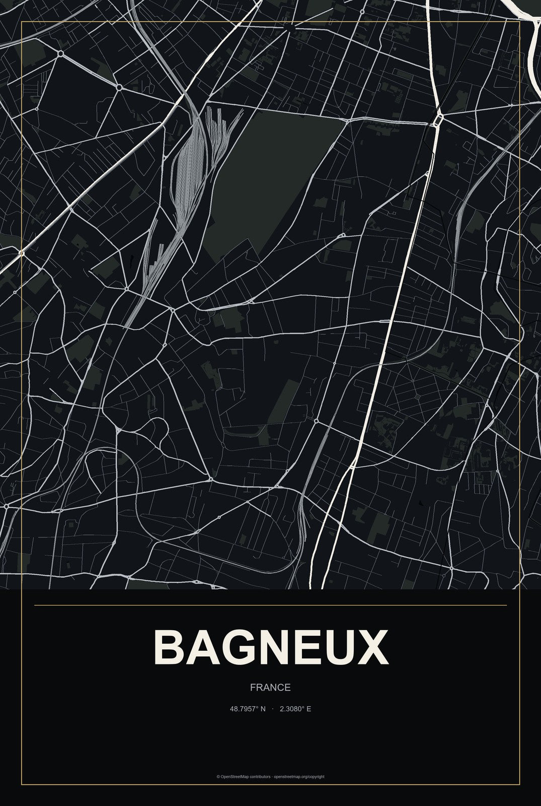 Bagneux, France City Map Aluminum Sign in Metropolitan Noir style
