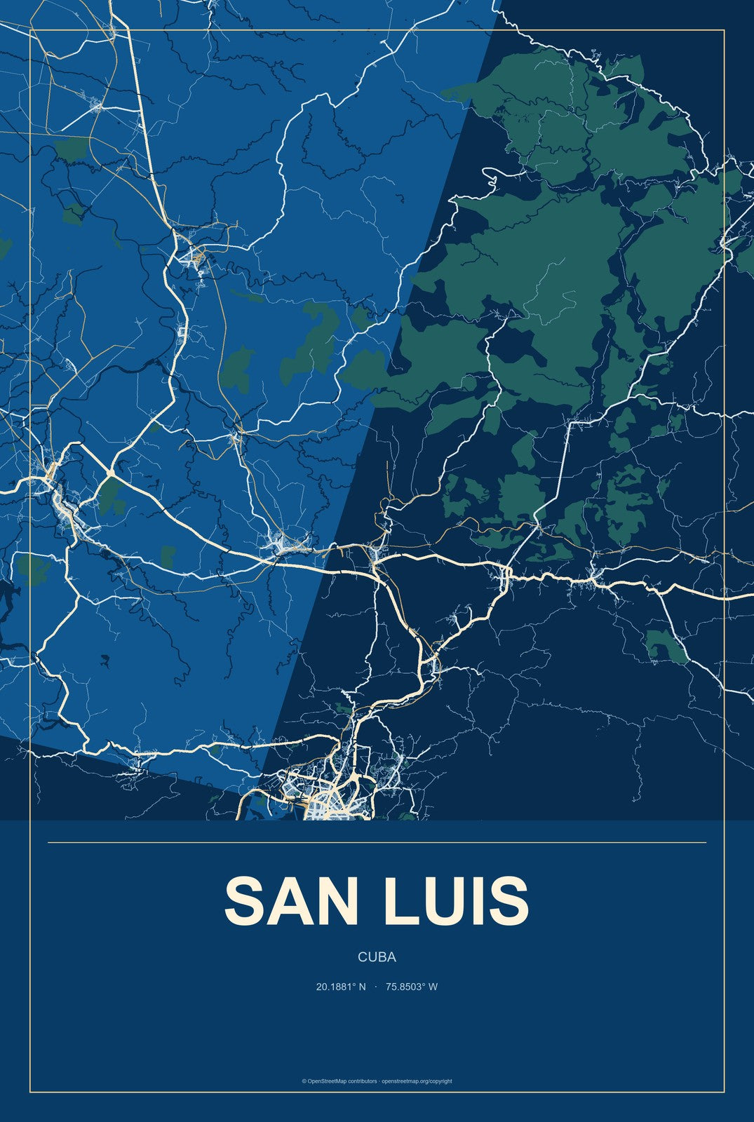 San Luis, Cuba City Map Aluminum Sign in Harbor Cobalt style