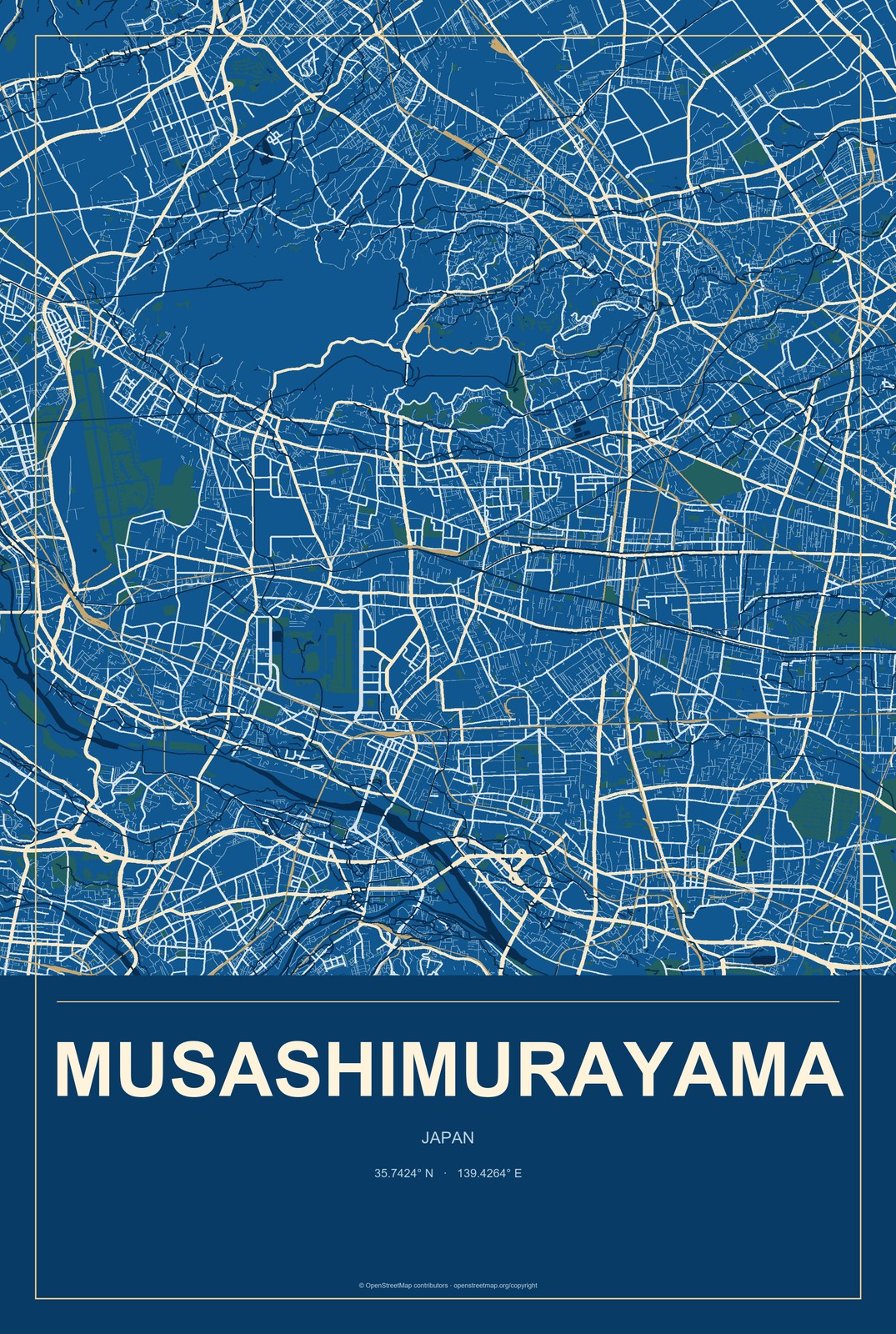 Musashimurayama, Japan City Map Aluminum Sign in Harbor Cobalt style