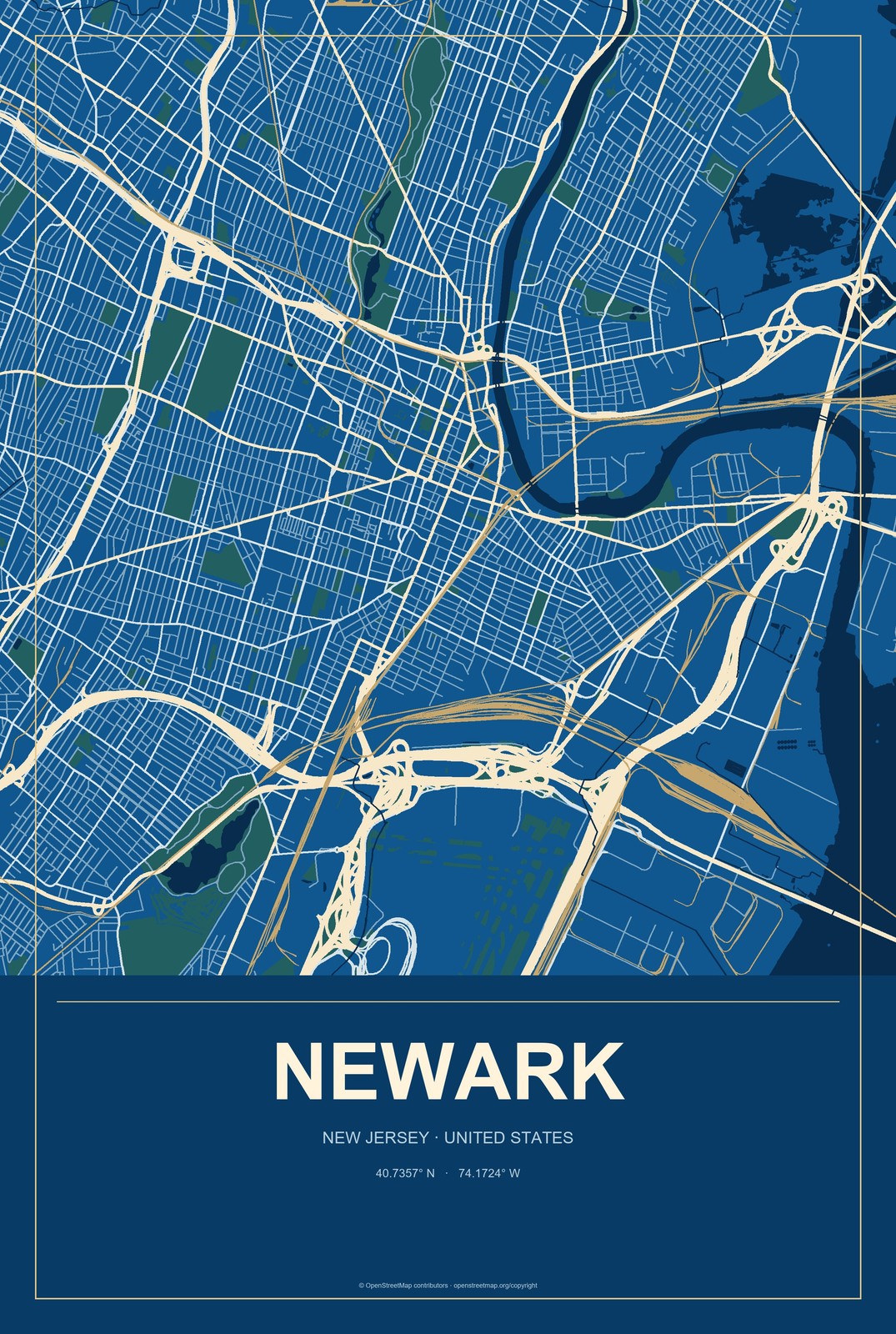 Newark, New Jersey City Map Aluminum Sign in Harbor Cobalt style