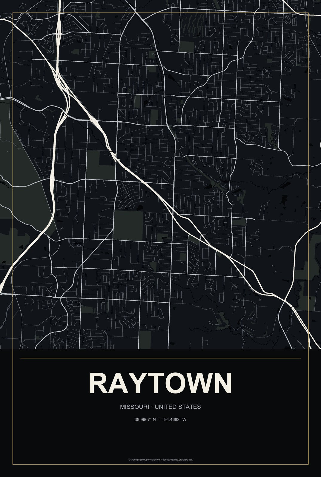Raytown, Missouri City Map Aluminum Sign in Metropolitan Noir style