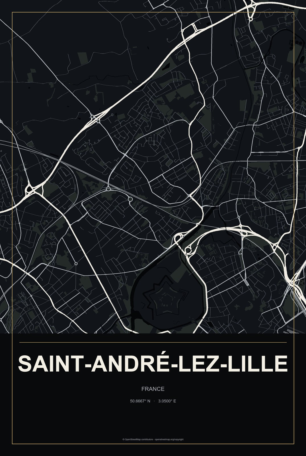 Saint-André-lez-Lille, France City Map Aluminum Sign in Metropolitan Noir style
