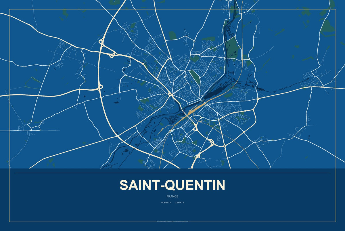 Saint-Quentin, France City Map Aluminum Sign in Harbor Cobalt style