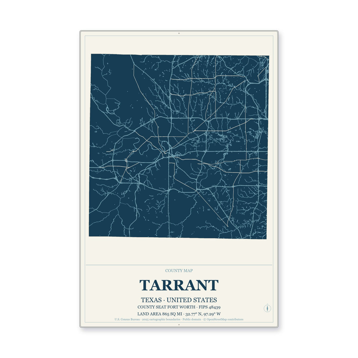 Tarrant County, Texas Map Aluminum Sign in Coastal Cutout style