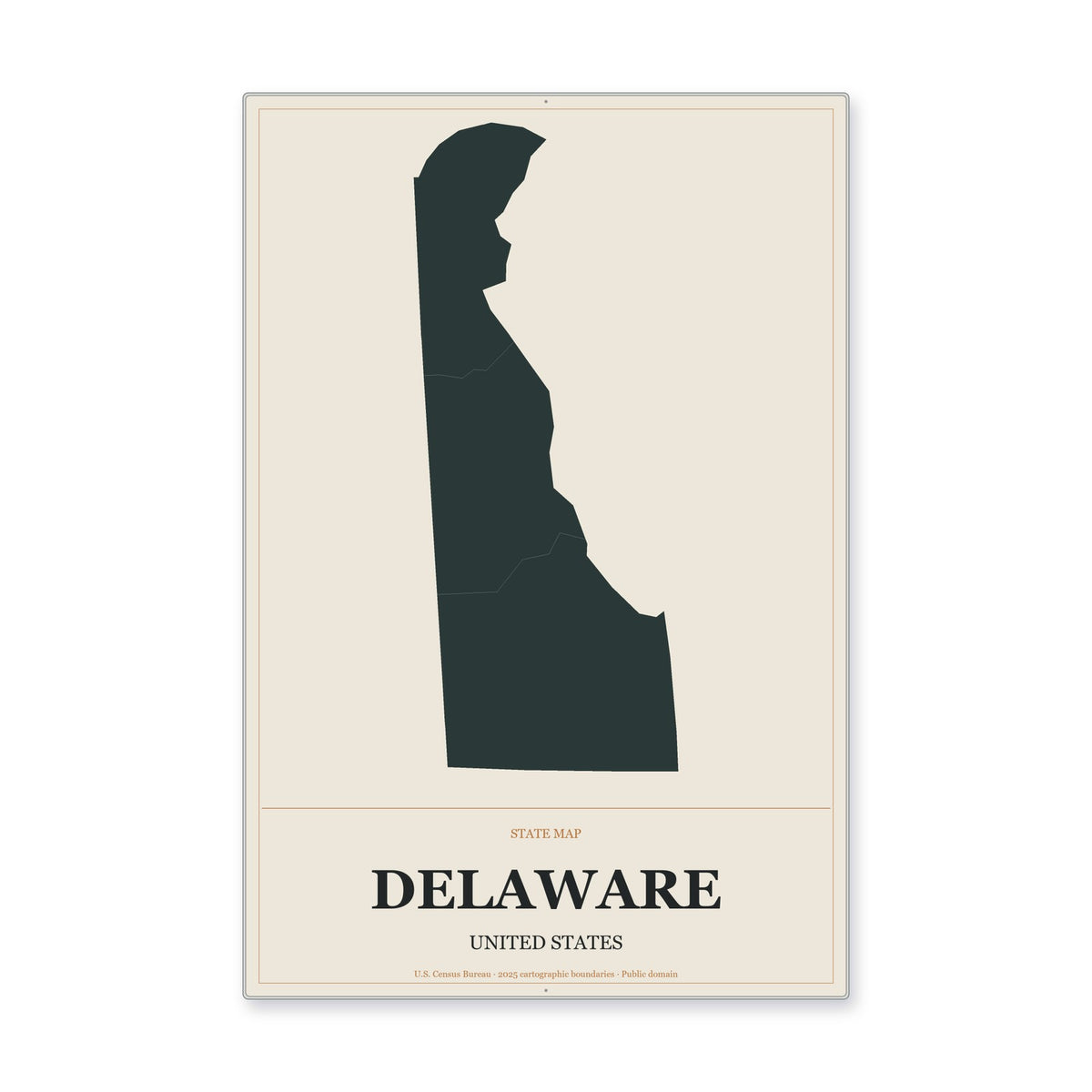 Delaware state map aluminum sign in Headline Atlas style