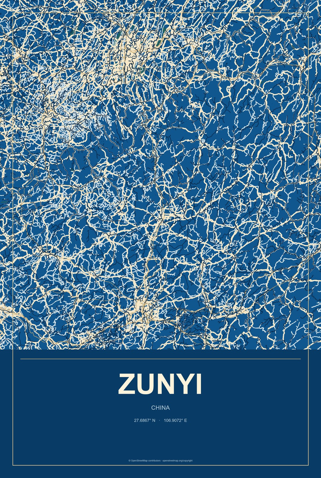 Zunyi, China City Map Aluminum Sign in Harbor Cobalt style