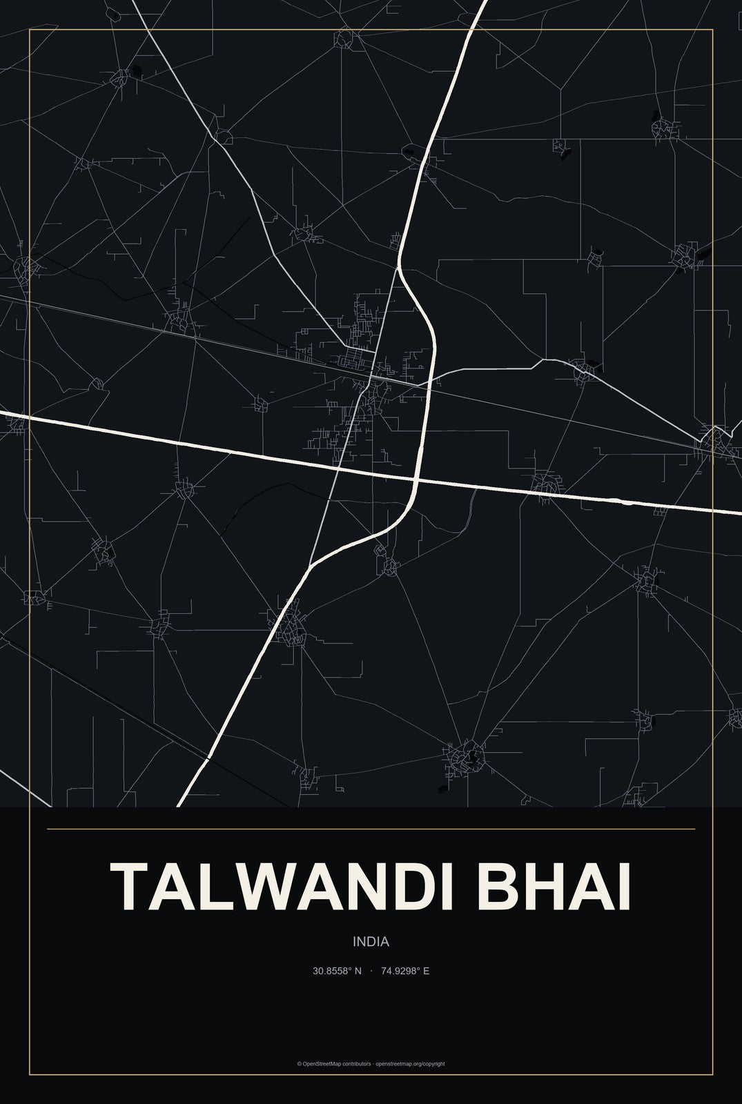 Talwandi Bhai, India City Map Aluminum Sign in Metropolitan Noir style