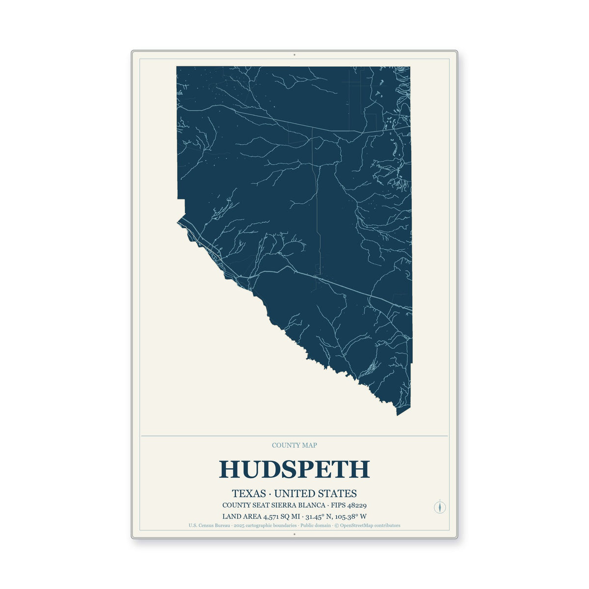 Hudspeth County, Texas Map Aluminum Sign in Coastal Cutout style
