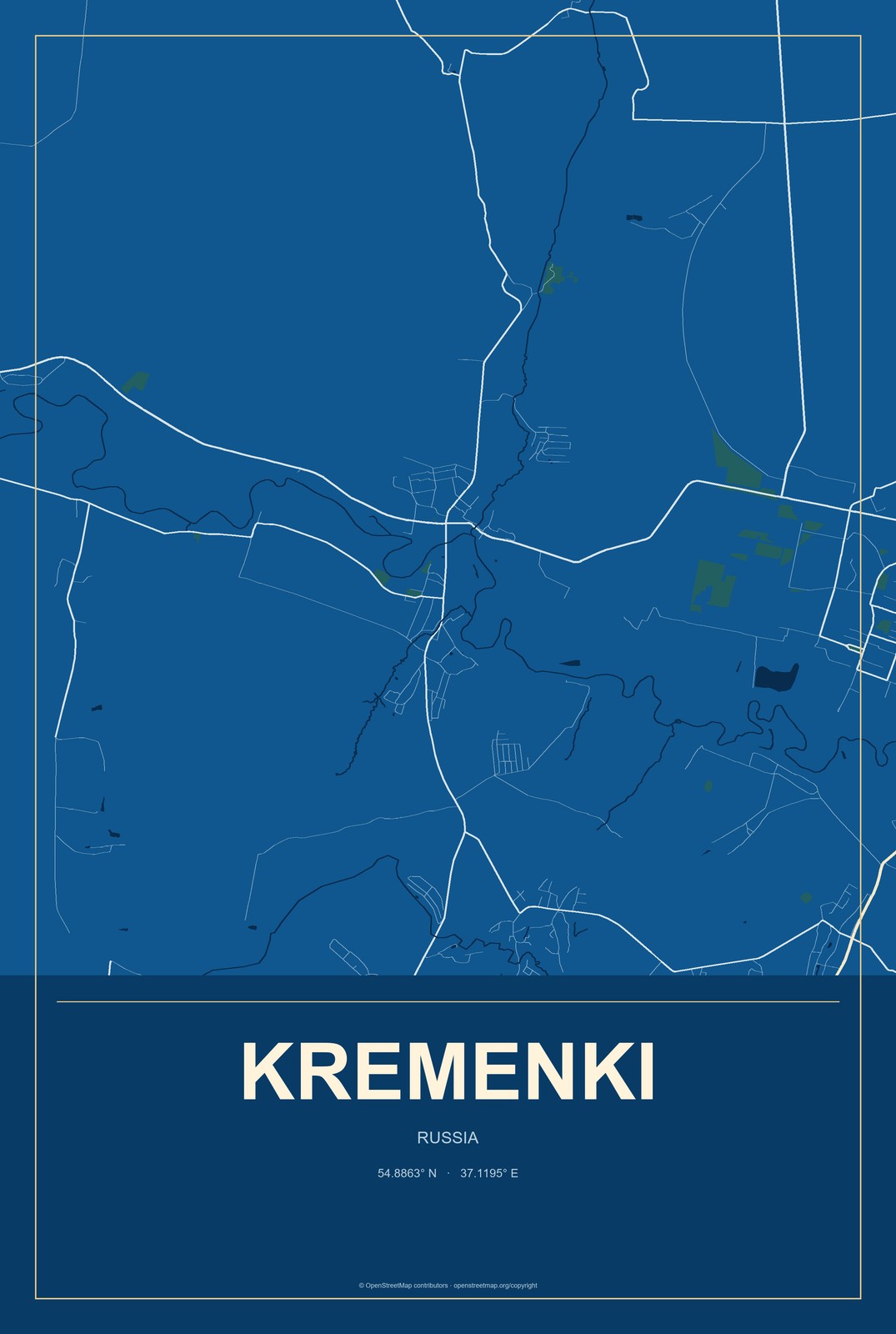 Kremenki, Russia City Map Aluminum Sign in Harbor Cobalt style