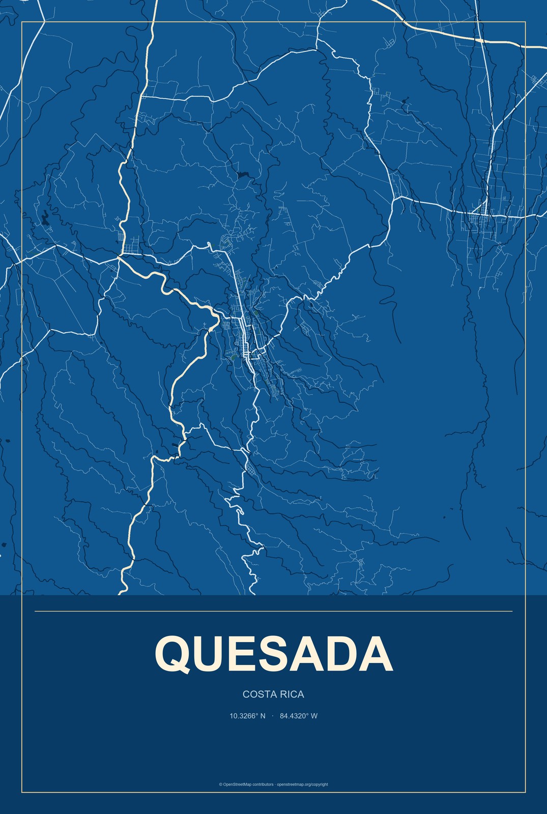 Quesada, Costa Rica City Map Aluminum Sign in Harbor Cobalt style