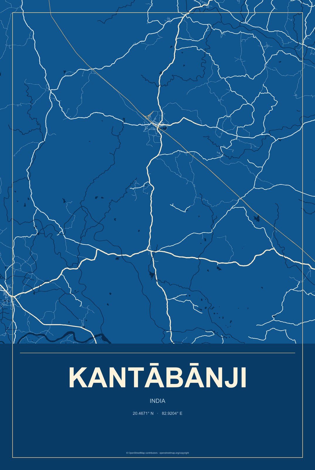 Kantābānji, India City Map Aluminum Sign in Harbor Cobalt style