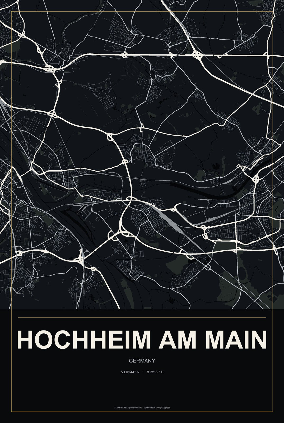 Hochheim am Main, Germany City Map Aluminum Sign in Metropolitan Noir style