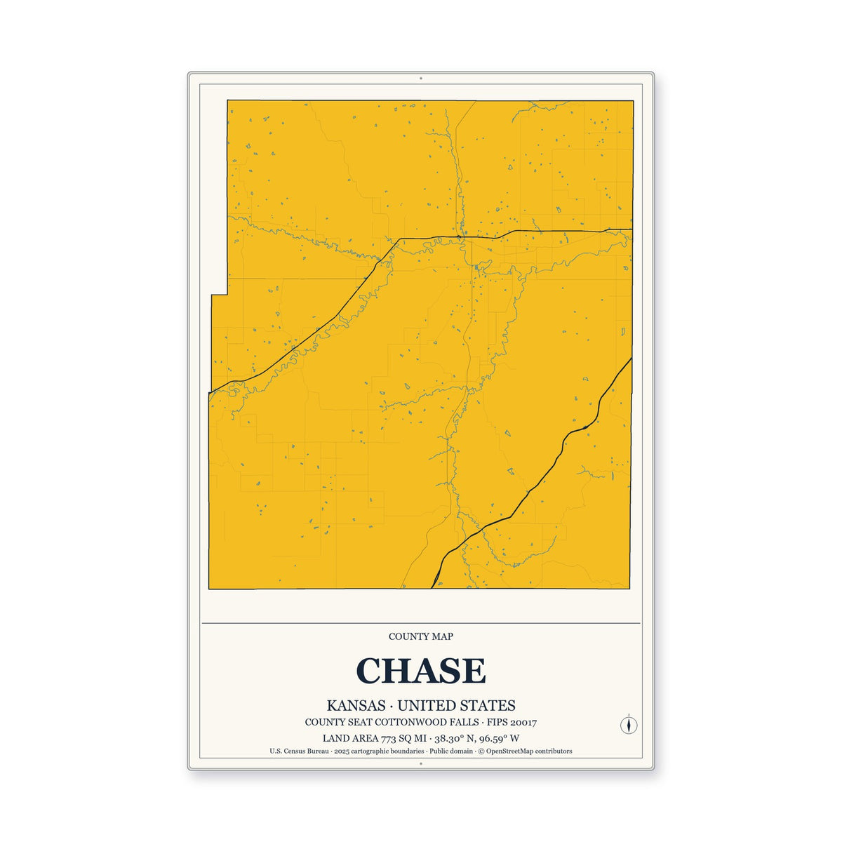 Chase County, Kansas Map Aluminum Sign in Citrine Modern style