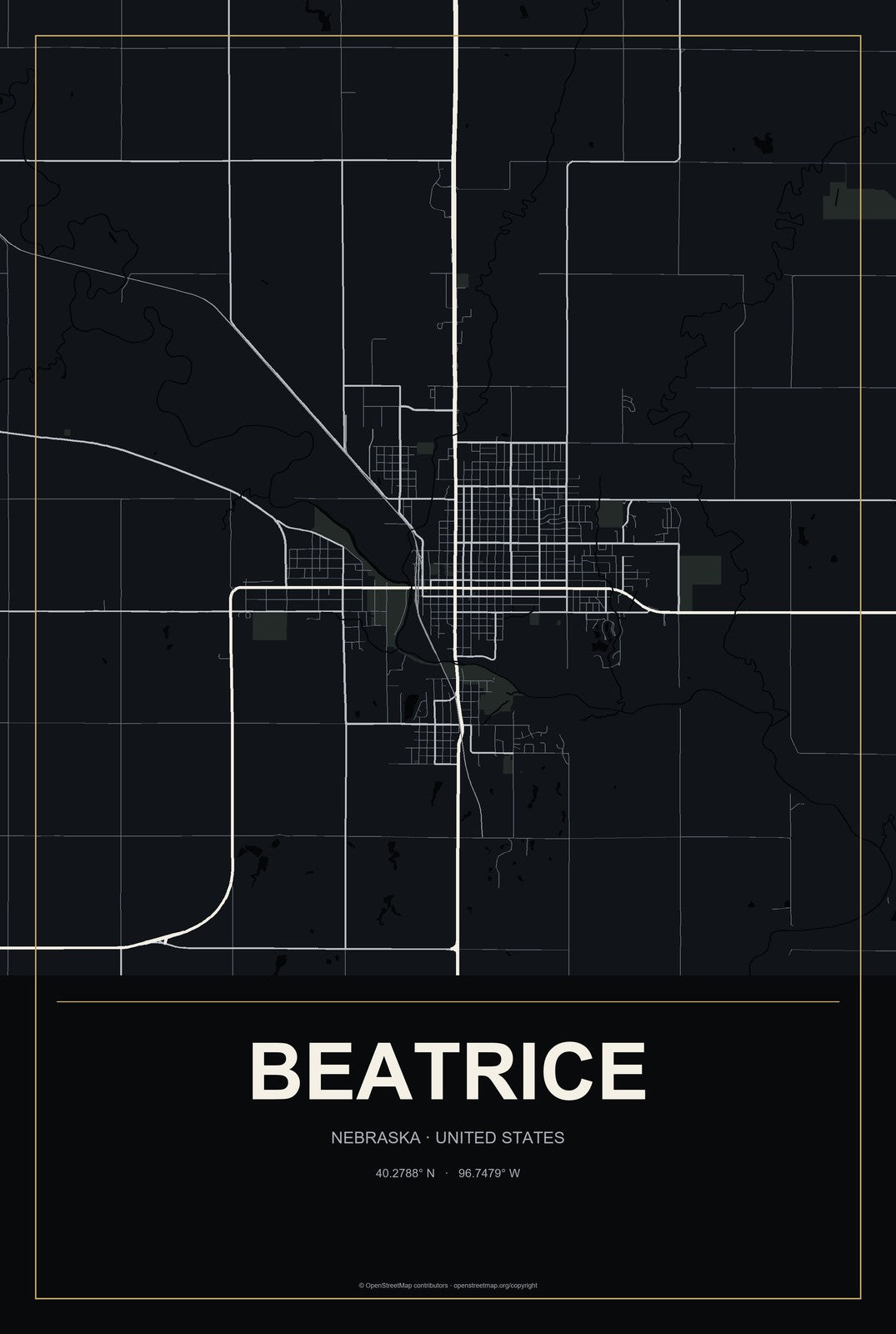 Beatrice, Nebraska City Map Aluminum Sign in Metropolitan Noir style