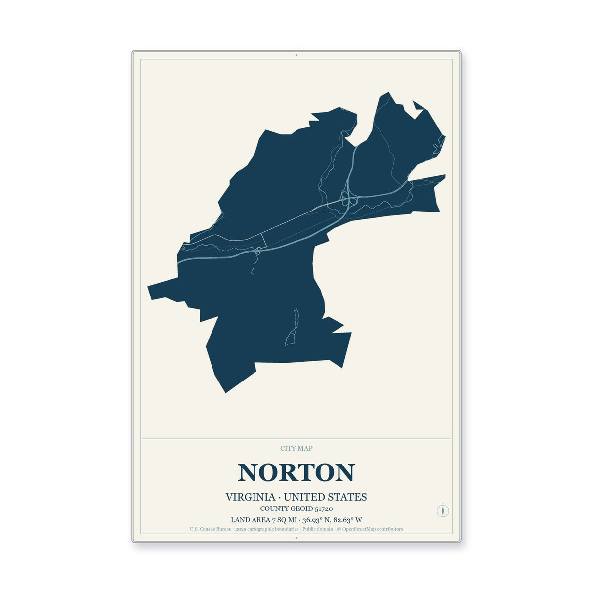 Norton city, Virginia Map Aluminum Sign in Coastal Cutout style