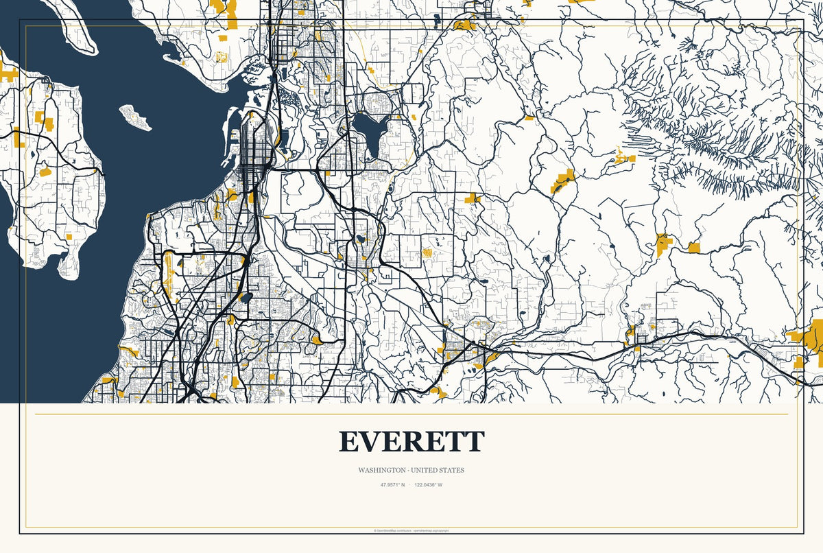Everett, Washington City Map Aluminum Sign in Citrine Modern style