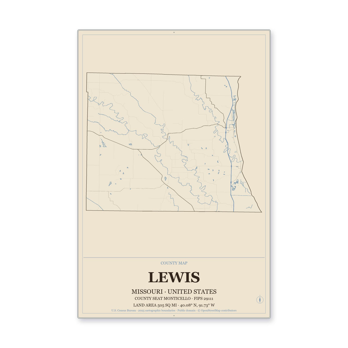 Lewis County, Missouri Map Aluminum Sign in Heritage Nautical style