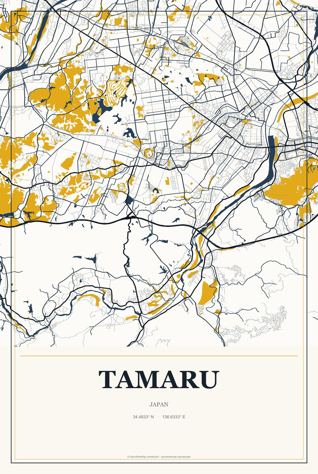 Tamaru, Japan City Map Aluminum Sign in Citrine Modern style