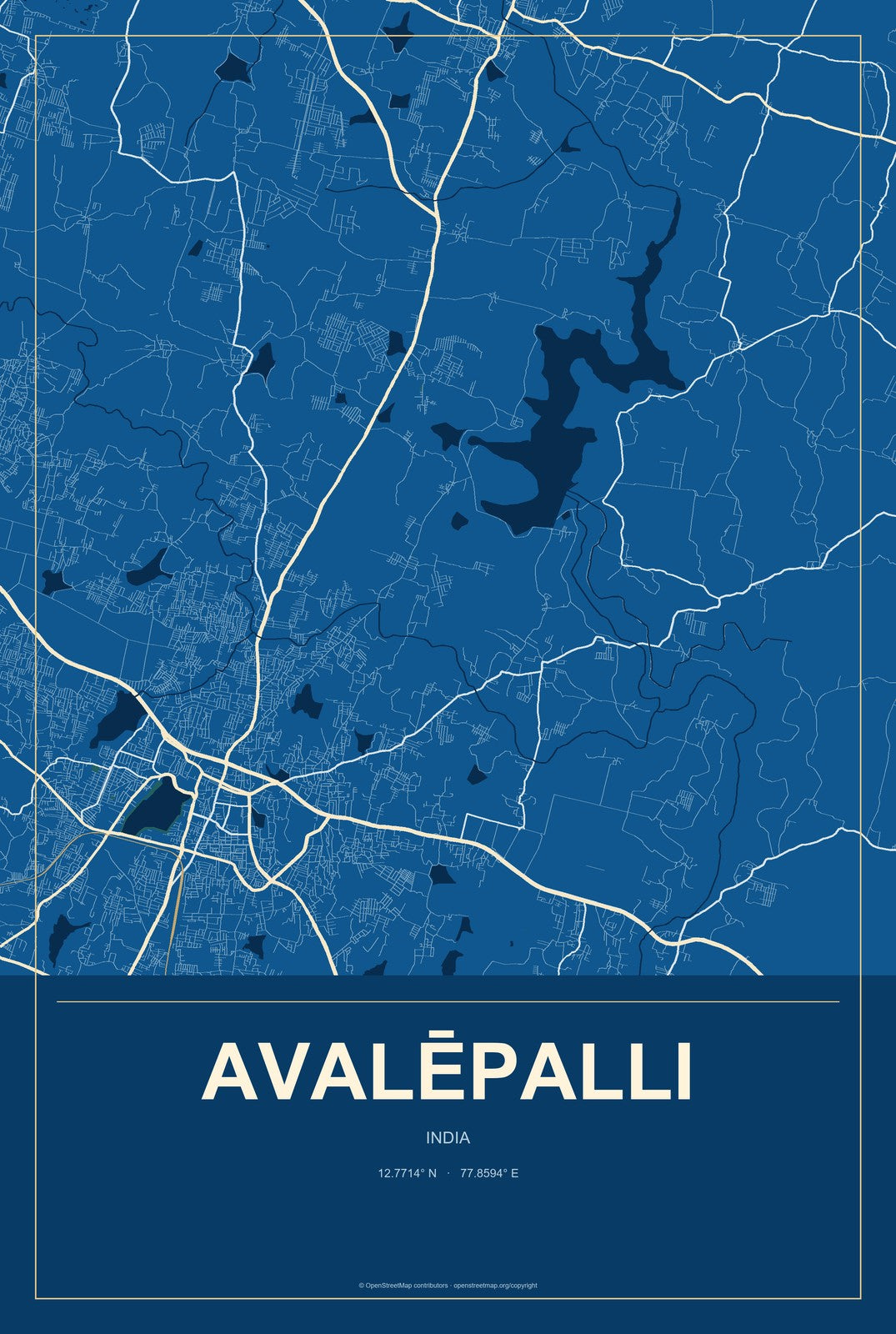 Avalēpalli, India City Map Aluminum Sign in Harbor Cobalt style