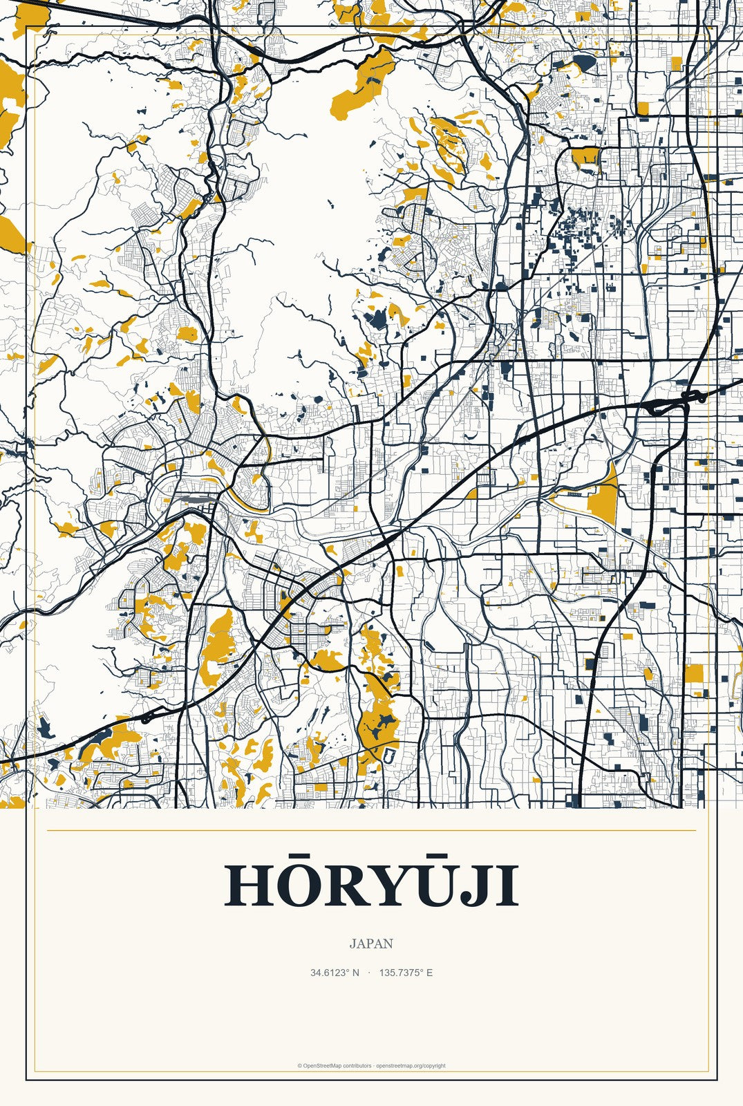 Hōryūji, Japan City Map Aluminum Sign in Citrine Modern style