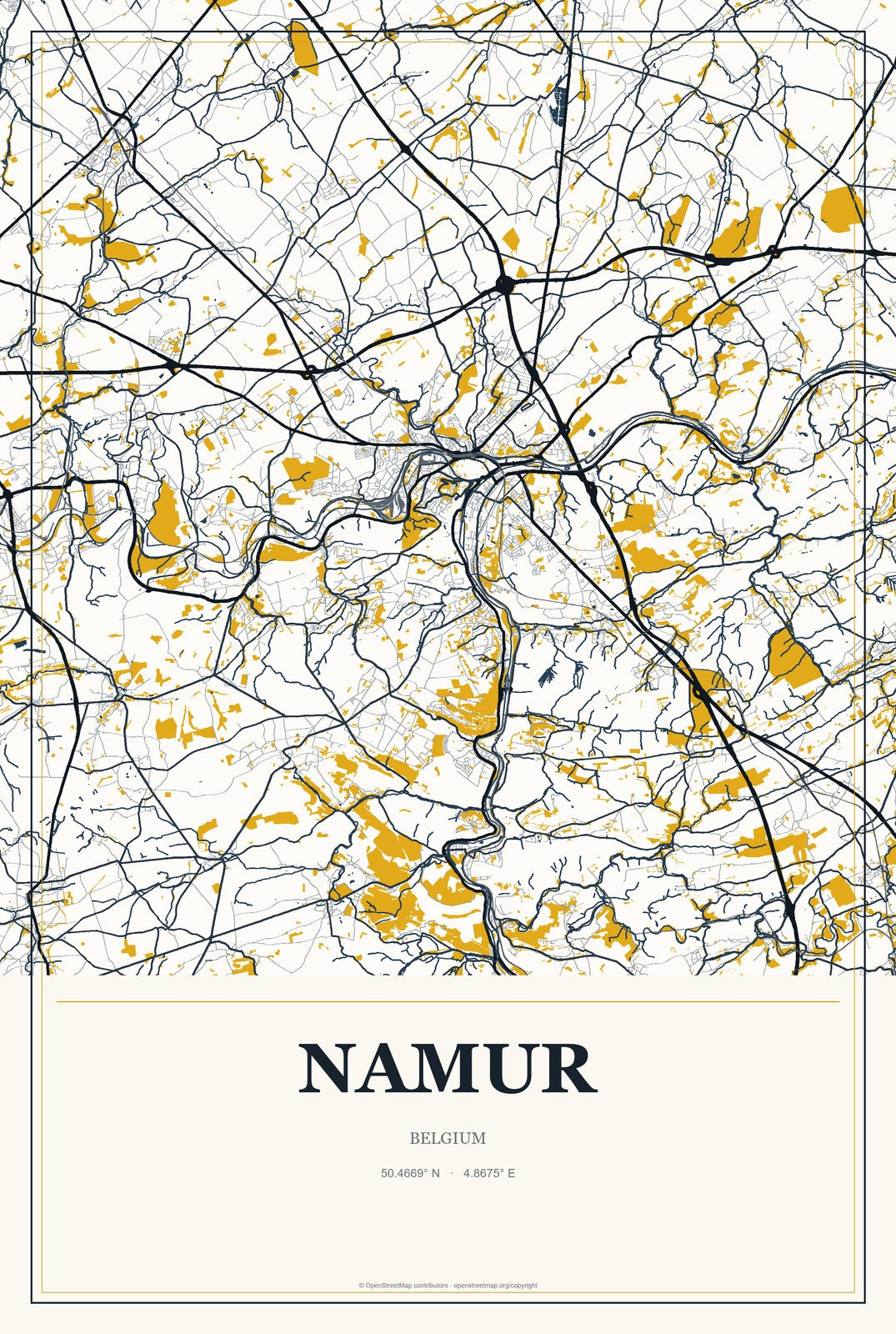 Namur, Belgium City Map Aluminum Sign in Citrine Modern style